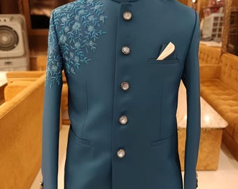 Teal Blue Color Heavy Embroidered Suiting Fabric Jodhpuri Suit: Ethnic Bandhgala for Men