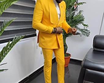 Novo conjunto de calça e paletó amarelo elegante para festa, em tecido atoalhado de rayon, para homens.