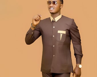 Stylish Brown Color Suiting Fabric Hunting Suit Safari with Pant.