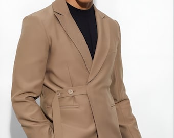 Conjunto de calça e paletó masculino bege em tecido atoalhado de rayon – Terno para festa formal