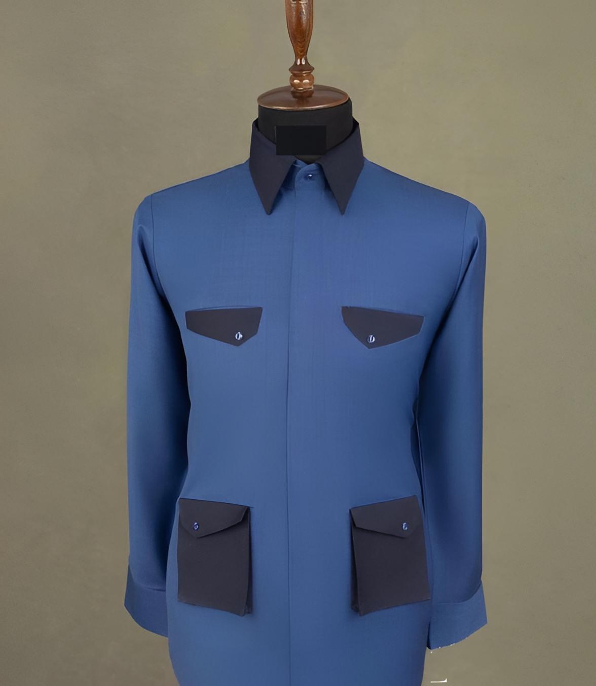 Chemise Safari Rétro Vintage DIMENSION - Impression Lion Afrique Bleue - Taille L Manches Courtes