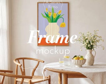 Scandinavian Dining Room Frame Mockup A4 Vertical PSD – Neutral Nordic Interior Wall Art Mockup