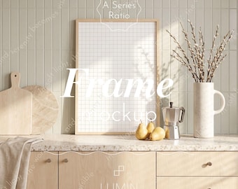 Light Wood Frame Mockup A4 A3 Vertical PSD – Neutral Scandinavian Kitchen Interior