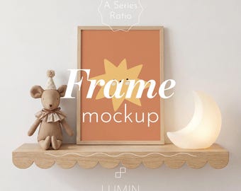 Boho Nursery Frame Mockup A4 Vertical PSD for Baby Room Scalloped Shelf Display