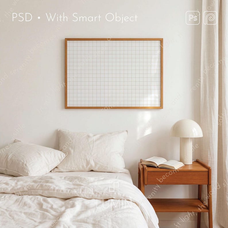 May include: A bedroom scene featuring a bed with white linens and pillows, a wooden nightstand with a lamp and an open book, and a framed grid. The frame is a light brown color. The text "PSD &bull; With Smart Object" is visible at the top.