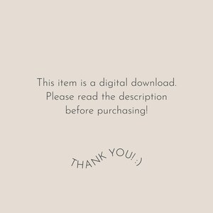 K&ouml;nnte beinhalten: Hinweis zum digitalen Download auf beigem Hintergrund. Der Text lautet: &bdquo;Dieser Artikel ist ein digitaler Download. Bitte lesen Sie die Beschreibung vor dem Kauf!" und &bdquo;DANKE! :)" in einer handschriftlichen Schriftart.