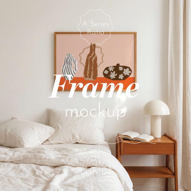 Horizontal DIN A Frame Mockup in a Minimalist Bedroom image 1