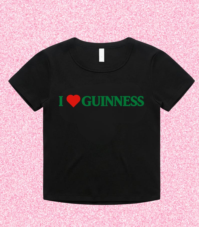 I Love Guinness Funny St Patricks Day Baby Tee Crop Top Shirt, I Heart Beer, Green St Patty's Cropped T-Shirt Women Black