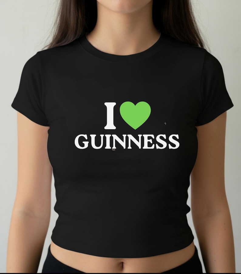 I Love Guinness Funny St Patricks Day Baby Tee Shirt, St Patty's Cute Beer Crop Top T-Shirt, Green Graphic Saint Paddy's Party Tee for Women image 1