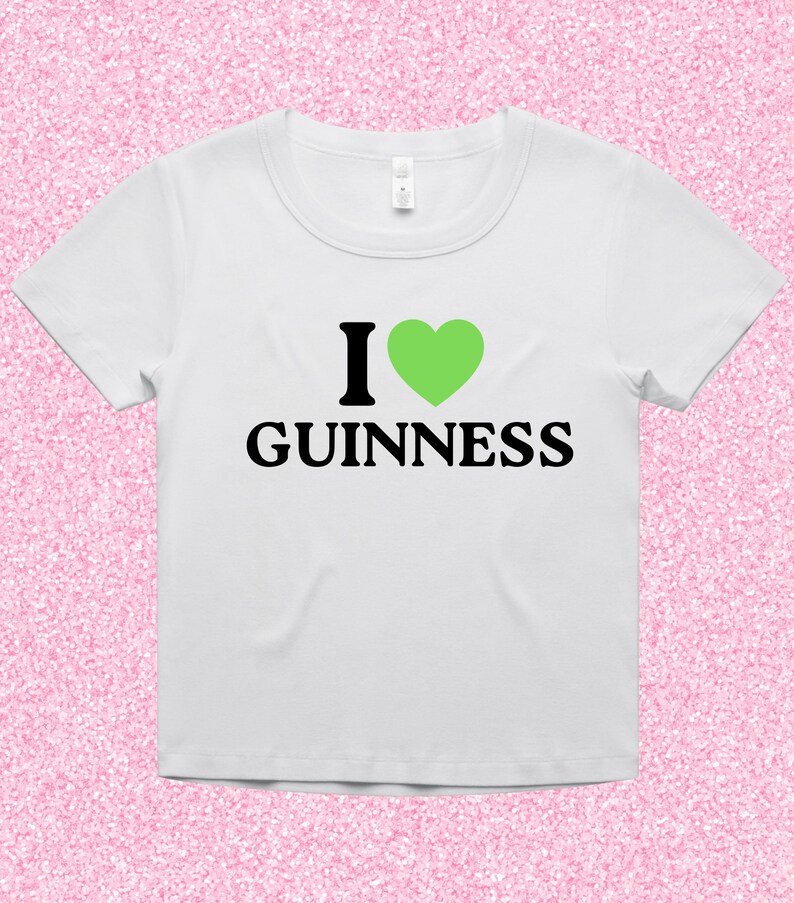 I Love Guinness Funny St Patricks Day Baby Tee Shirt, St Patty's Cute Beer Crop Top T-Shirt, Green Graphic Saint Paddy's Party Tee for Women White