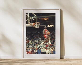 May include: A framed print of a basketball game. A player in a red uniform is mid-air, about to dunk the ball. The background shows a crowded stadium with the basketball hoop in view.