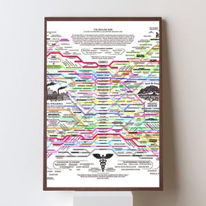 May include: A framed print titled "The Healing Web" with a complex diagram of health-related topics. The artwork features a network of interconnected concepts, including medical treatments, holistic practices, and pharmaceutical information, in a colorful, detailed design.