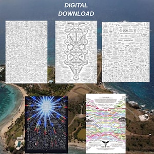 Könnte beinhalten: Digitale Download-Poster mit komplexen Diagrammen und Text. Die Poster zeigen einen Kabbala-Baum, ein Diagramm mit radialen Linien und andere detaillierte Grafiken. Der Text "GET 5 BUY 1 !!" und "DIGITAL DOWNLOAD" wird oben angezeigt.
