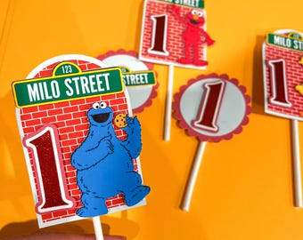 Custom Sesame Street Inspired Cake Toppers • 10 Pack Birthday Cupcake Toppers • Personalized Street Sign & Number Toppers