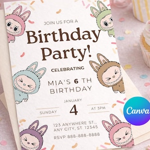 May include: A birthday party invitation with a bunny theme. The invitation features the text "Birthday Party!" and details for Mia's 6th birthday on January 4th. The design includes bunny illustrations and is set against a pastel background.