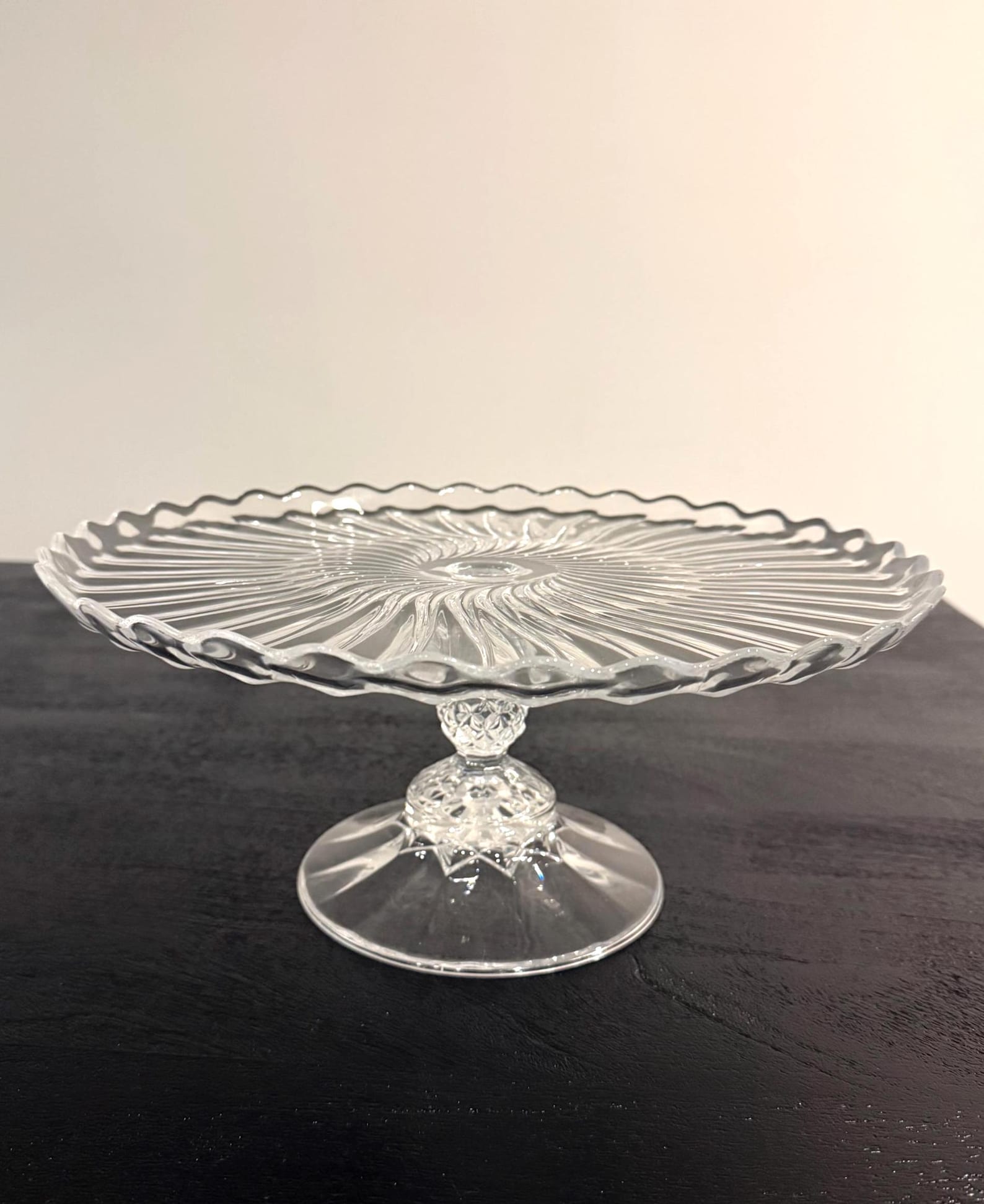 Vintage Glass Cake Stand Pedestal - Late 20th Century Clear Pressed Glass, Scalloped Edge