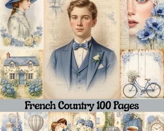 French Country Digital Paper, Blue Shabby Chic Junk Journal Kit, Blue Cottagecore Ephemera, Floral Digital Paper (Digital Download)