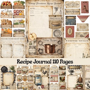 May include: A digital collage sheet featuring vintage-style recipe journal pages, kitchen labels, and rustic illustrations including farm produce, copper cookware, gingham patterns, and text elements like Vintage Farmhouse Recipe Journal and Recipe Journal 110 Pages.