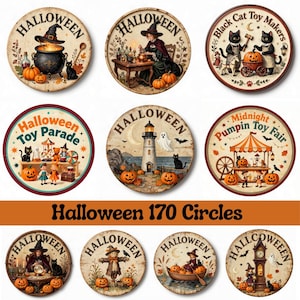 Halloween Junk Journal Ephemera, Vintage Halloween Circle Clipart, Witch Pumpkin Ghost Toy Printable, Spooky Scrapbook Digital Download