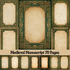 May include: A selection of medieval manuscript pages with elaborate green and gold borders. The pages have a parchment-like appearance. The text "Medieval Manuscript 70 Pages" is displayed at the bottom of the image.