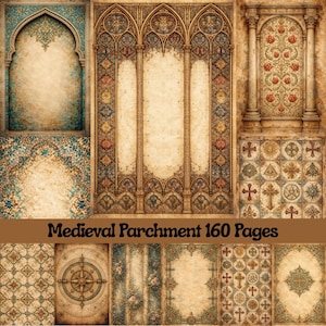 May include: A selection of medieval parchment designs featuring ornate architectural details, floral patterns, and compass rose illustrations. The image showcases aged paper textures and decorative borders. The text "Medieval Parchment 160 Pages" is displayed.