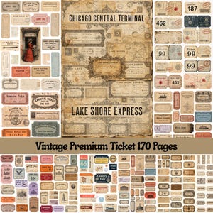 Peut inclure: Un ensemble de billets et d'éphémères de style vintage aux tons sépia. L'image comprend des billets pour divers événements, notamment des voyages en train, des opéras et des admissions. Le texte "Vintage Premium Ticket 170 Pages" est visible.