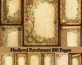 Illuminated Medieval Manuscript Digital Paper | Medieval Parchment Junk Journal | Scrapbooking Papers | Rustic Grunge Backgrounds