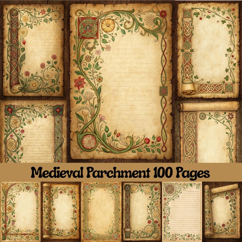 Illuminated Medieval Manuscript Digital Paper | Medieval Parchment Junk ...