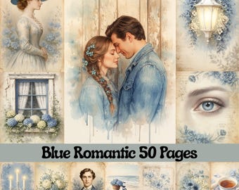 Blue Romantic Shabby Chic Junk Journal Kit, Vintage Digital Papers, French Country Ephemera, Floral Printable Antique Scrapbooking