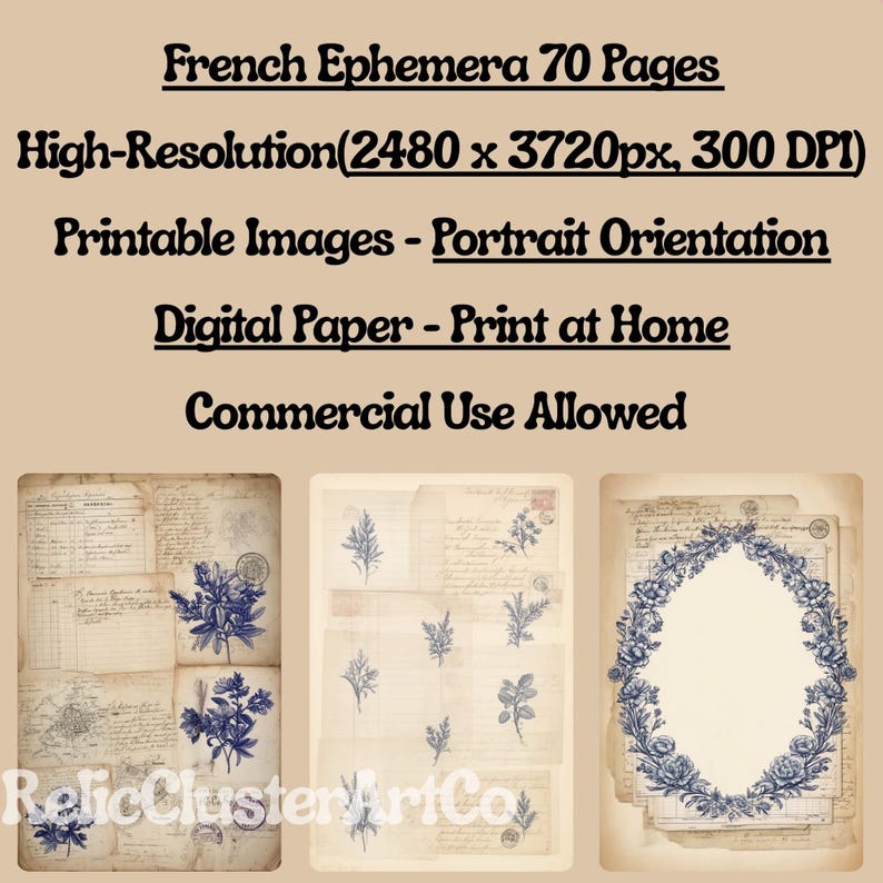 Vintage French Ephemera, Blue Botanical Collage, Junk Journal, Antique ...