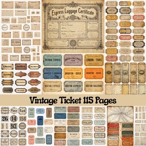 May include: A selection of vintage tickets and ephemera, such as train tickets, library cards, and an express luggage certificate. The design uses aged paper textures and various fonts, with the text "Vintage Ticket 115 Pages".