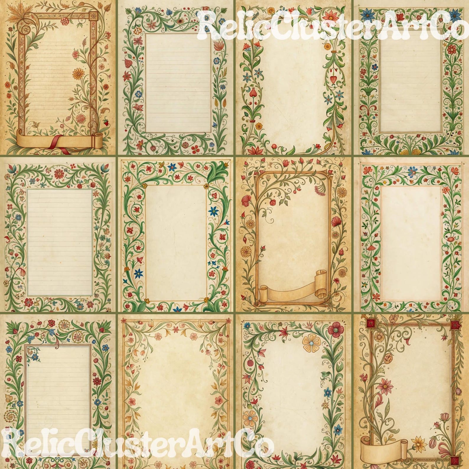 Illuminated Medieval Floral Parchment Pages | Vintage Manuscript ...