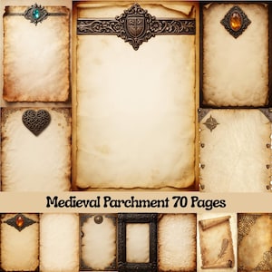 May include: A collection of parchment paper pages with ornate metal embellishments. The pages have a vintage, aged appearance with decorative corners and borders. The text "Medieval Parchment 70 Pages" is displayed at the bottom.