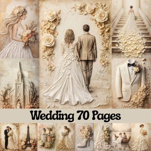 Op de afbeelding: Een collage van afbeeldingen met een bruiloftthema in vintage stijl. De afbeeldingen bevatten een bruid, een stel, een kerk, een smoking en andere elementen die met bruiloften te maken hebben. De tekst "Wedding 70 Pages" wordt in het midden weergegeven.