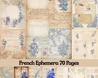 Vintage French Ephemera, Blue Botanical Collage, Junk Journal, Antique Maps & Ledger Papers (Digital Download)