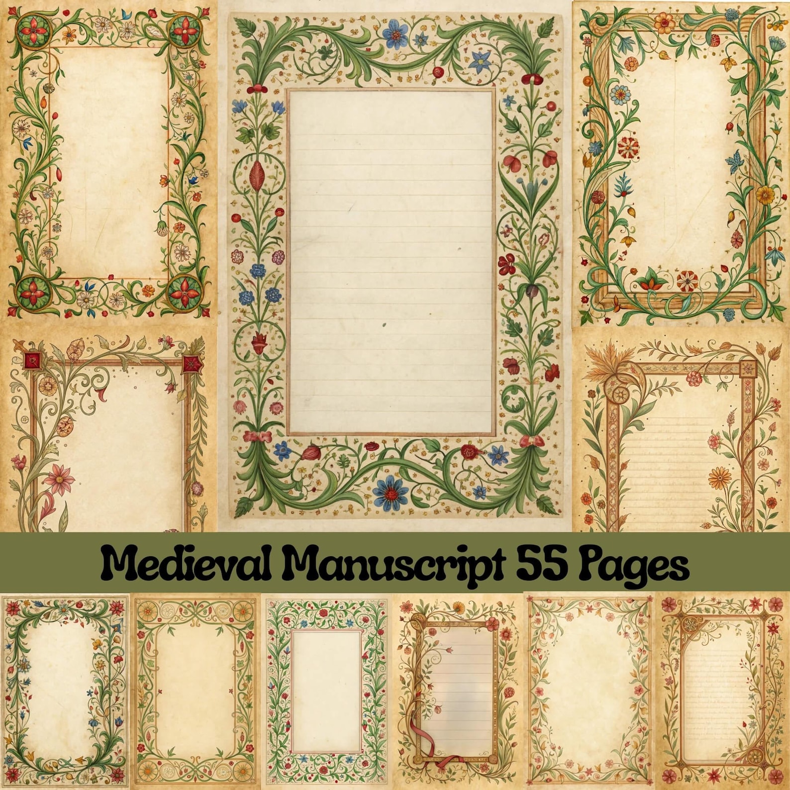 Illuminated Medieval Floral Parchment Pages | Vintage Manuscript ...