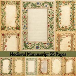 May include: A selection of medieval manuscript pages with decorative floral borders. The pages have a parchment-like background and are decorated with green vines, red, blue, and yellow flowers. The text "Medieval Manuscript 55 Pages" is at the bottom.