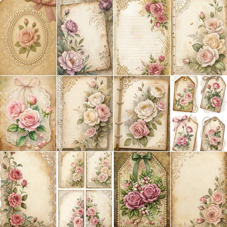 Pink Rose Junk Journal Pages | Shabby Chic Roses Ephemera | Victorian ...