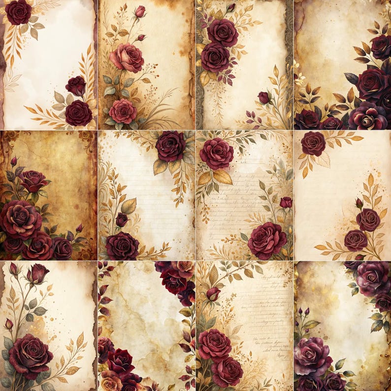 Burgundy Rose Junk Journal Pages | Vintage Floral Ephemera (digital ...