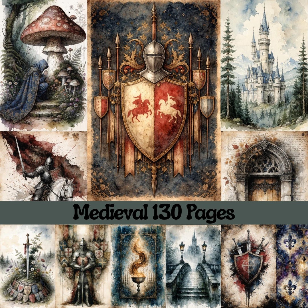 Medieval Junk Journal Pages, Gothic Watercolor Scrapbook Kit (digital ...