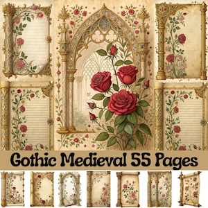 May include: A collection of 55 Gothic Medieval pages with ornate borders and floral designs. The pages feature a vintage aesthetic with red roses and gold accents. The text "Gothic Medieval 55 Pages" is displayed at the bottom of the image.