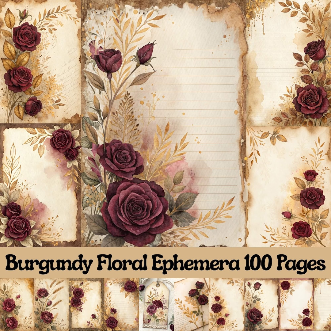 Burgundy Rose Junk Journal Pages | Vintage Floral Ephemera (digital ...