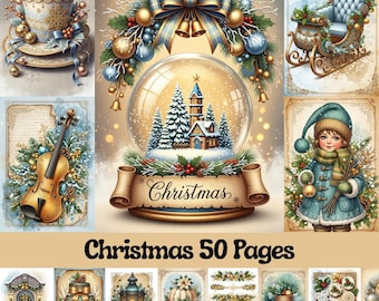 Puede incluir: Un collage de ilustraciones navideñas. Las imágenes incluyen un globo de nieve con una iglesia, una taza de té, un violín, un trineo y un niño con abrigo de invierno. El texto "Christmas 50 Pages" se muestra en la parte inferior.