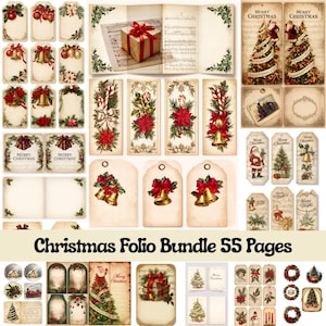May include: A collection of vintage-style Christmas ephemera, including tags, labels, and decorative pages. The designs feature festive elements like bells, poinsettias, and gift boxes with red bows. The text "Merry Christmas" is visible on some items. The title "Christmas Folio Bundle 55 Pages" is also present.