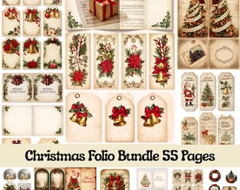 May include: A collection of vintage-style Christmas ephemera, including tags, labels, and decorative pages. The designs feature festive elements like bells, poinsettias, and gift boxes with red bows. The text "Merry Christmas" is visible on some items. The title "Christmas Folio Bundle 55 Pages" is also present.