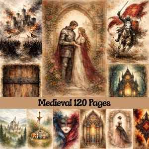 May include: A collection of medieval-themed illustrations. The images depict scenes of knights, castles, and romantic couples. The text "Medieval 120 Pages" is displayed at the bottom. The color palette includes browns, reds, and golds.
