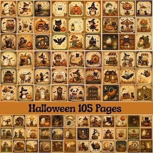 Könnte beinhalten: Eine Sammlung von 105 quadratischen Illustrationen mit Halloween-Motiven, darunter Geister, schwarze Katzen, Kürbisse, Hexen und Skelette. Das Raster zeigt verschiedene saisonale Szenen im Vintage-Stil mit dem Text Halloween 105 Pages.