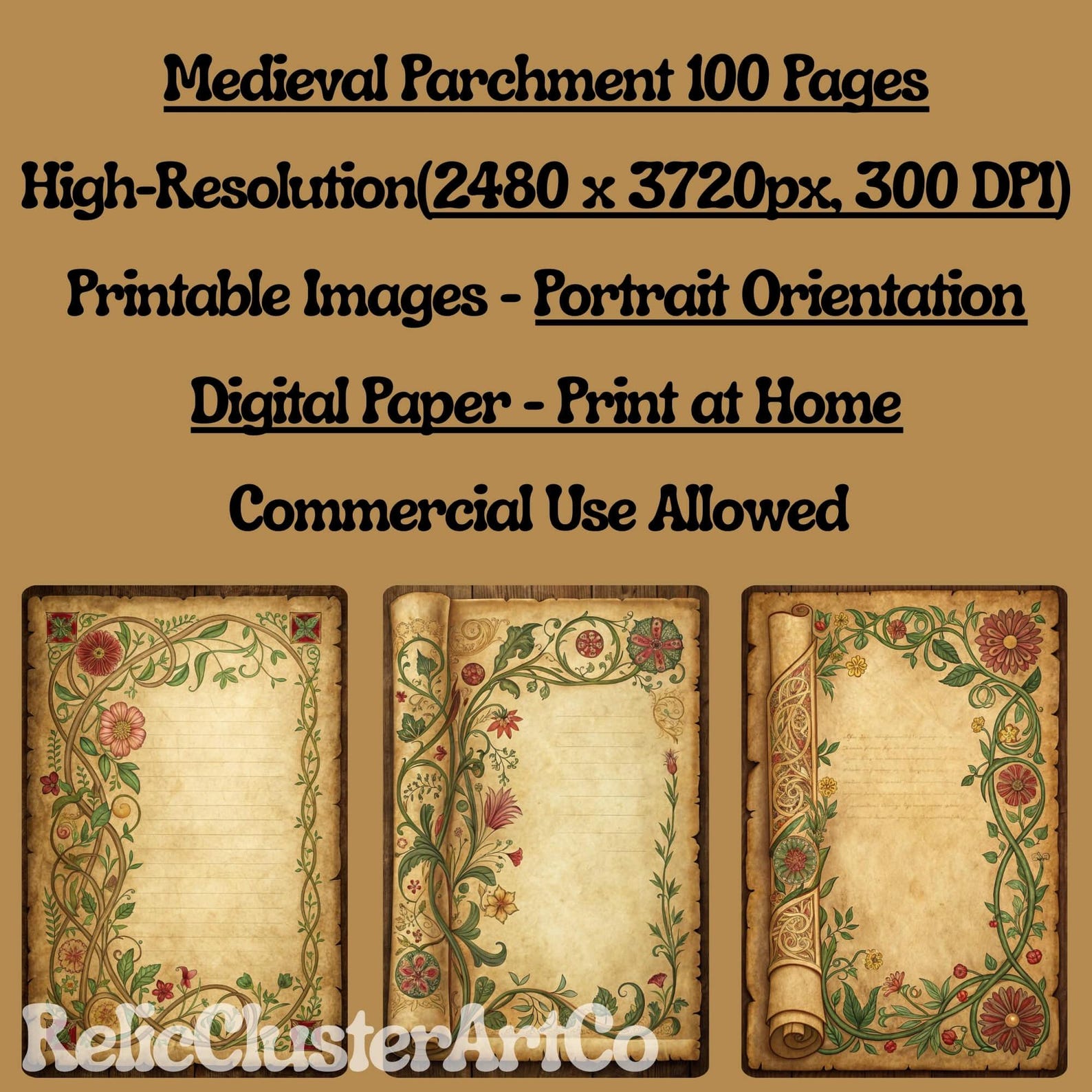 Illuminated Medieval Manuscript Digital Paper | Medieval Parchment Junk ...