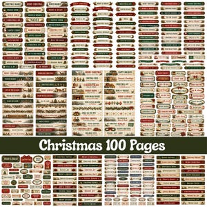 Può includere: Una collezione di etichette e adesivi a tema natalizio con varie frasi festive come Buon Natale, Auguri Invernali e Gioia al Mondo. I design includono colori festivi come rosso, verde e oro con illustrazioni di ornamenti, alberi e scene invernali.
