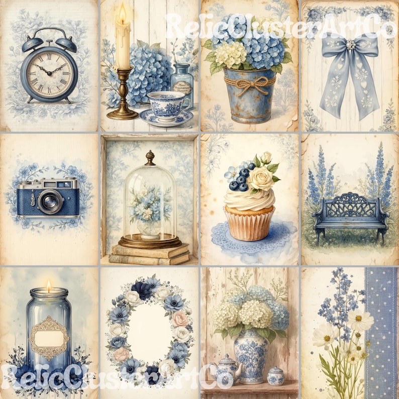 French Country Digital Paper, Blue Shabby Chic Junk Journal Kit, Blue ...